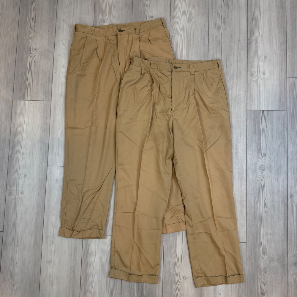 VTG Lot 2 Tommy Hilfiger 36x29 Pleated Chino Pants Khaki Cuffed Relaxed Trousers